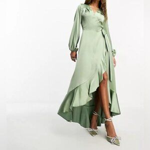 Flounce London long sleeve wrap maxi dress light Sage Green Dress size 8 NwT